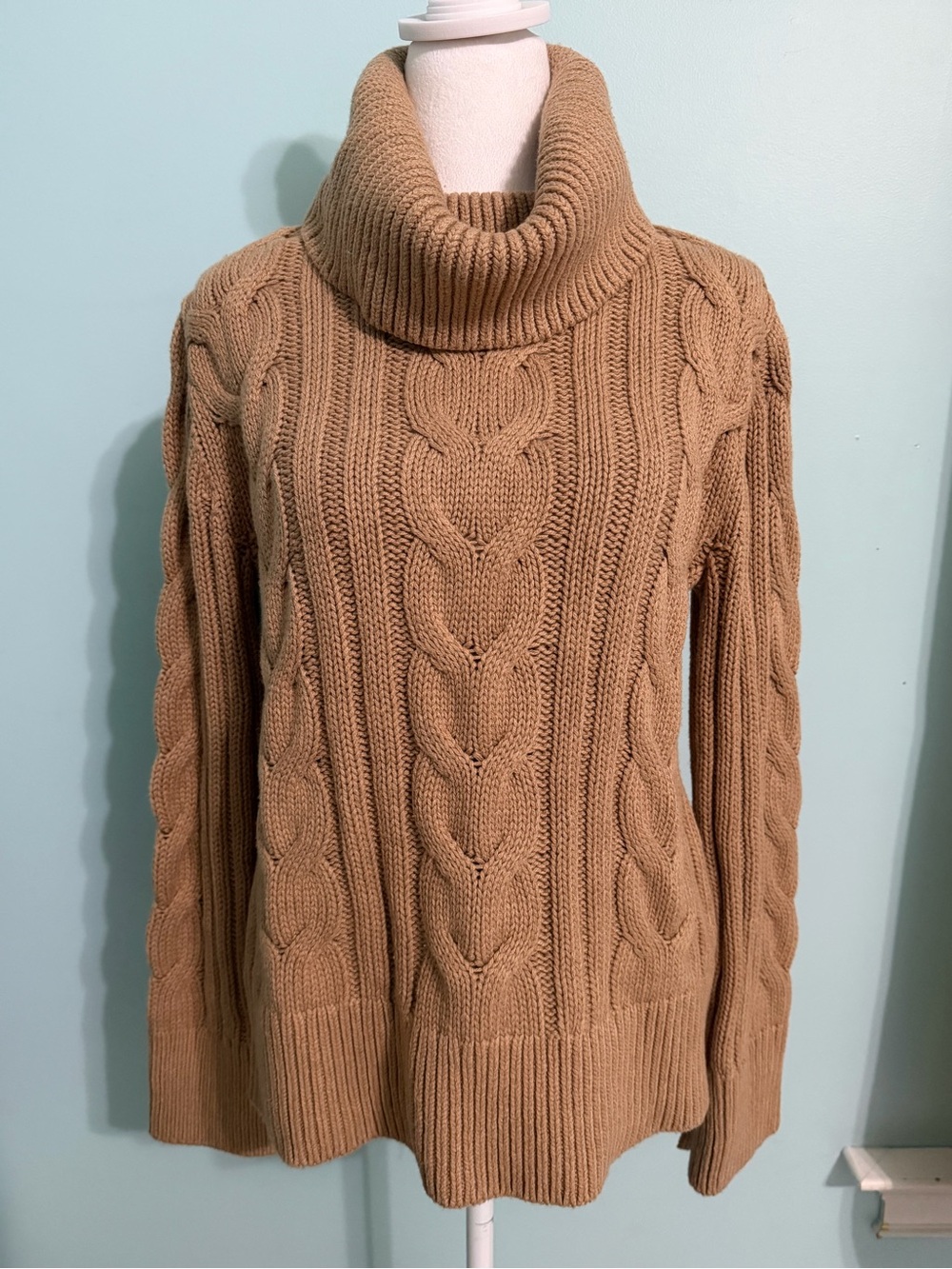 Banana Republic Camel Tan Chunky Cable-Knit Cowl Turtleneck Sweater - Small